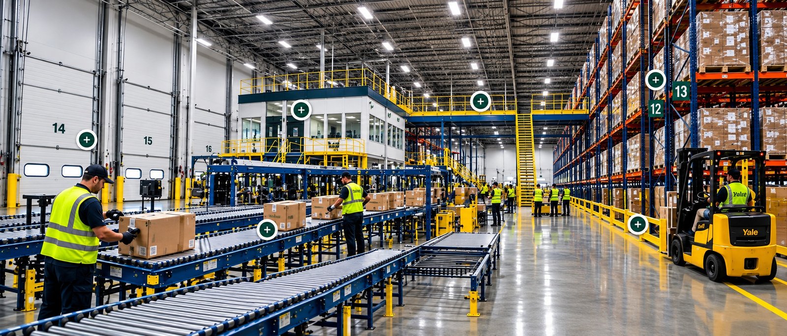Warehouse facility showing conveyors, pallet racking, modular office, mezzanine, dock doors and safety barriers